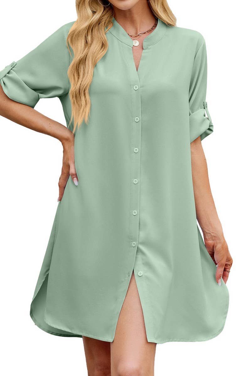 CWTDSS0073_SOLID LOOSE FIT MID SLEEVE BUTTON SHIRT DRESS