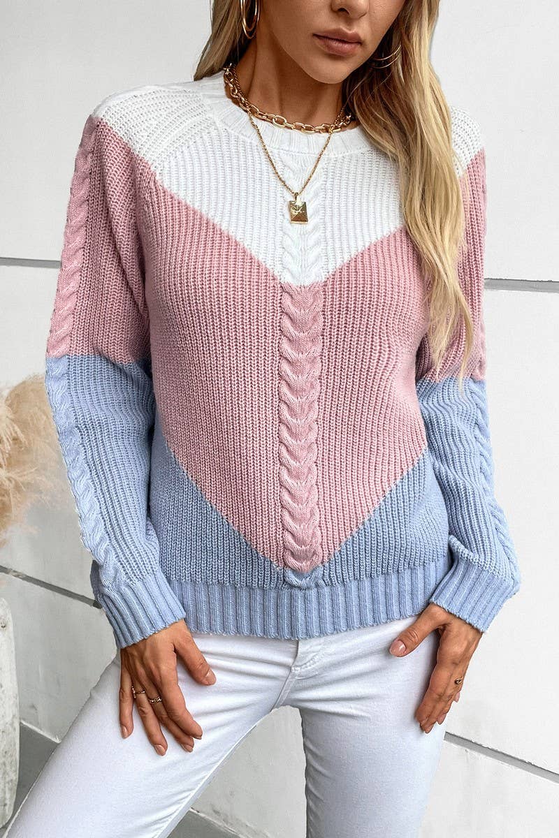 CWOSWL2871_CONTRASTING COLOR CABLE-KNIT SWEATER