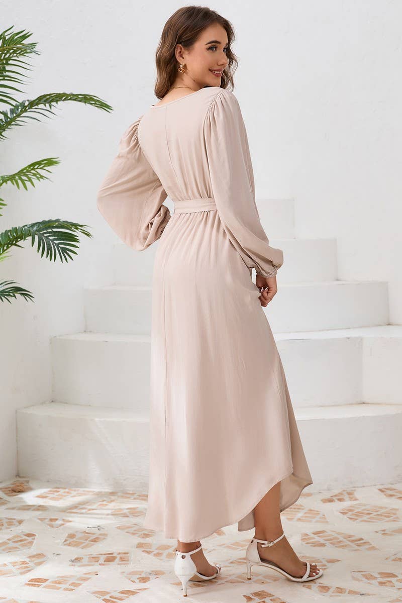 CWDMD4001_ROUND NECK TIE BUBBLE LONG SLEEVE DRESS