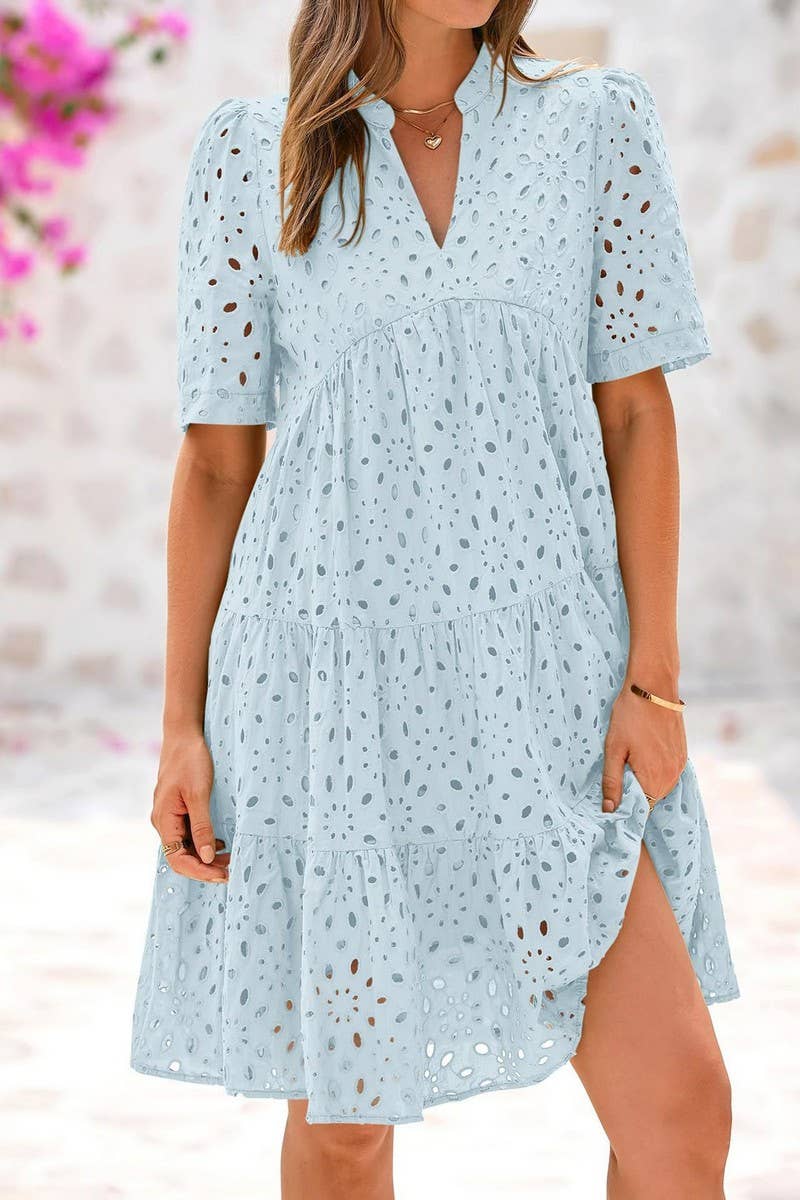 CWDSD8527_V-NECK HOLLOW LACE ELEGANT A-LINE DRESS