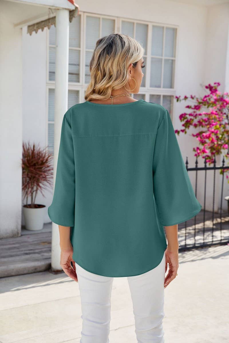 CWTBLS0871_SOLID COLOR V-NECK MID-SLEEVE LOOSE TOP