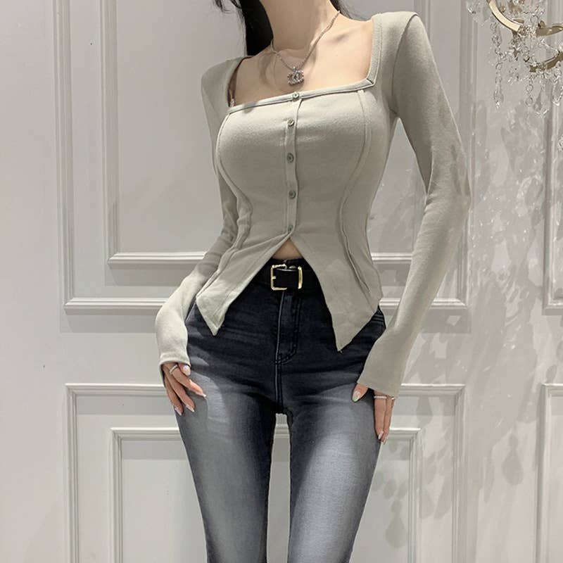 Button-down waist with temperament lapel pointy hem top