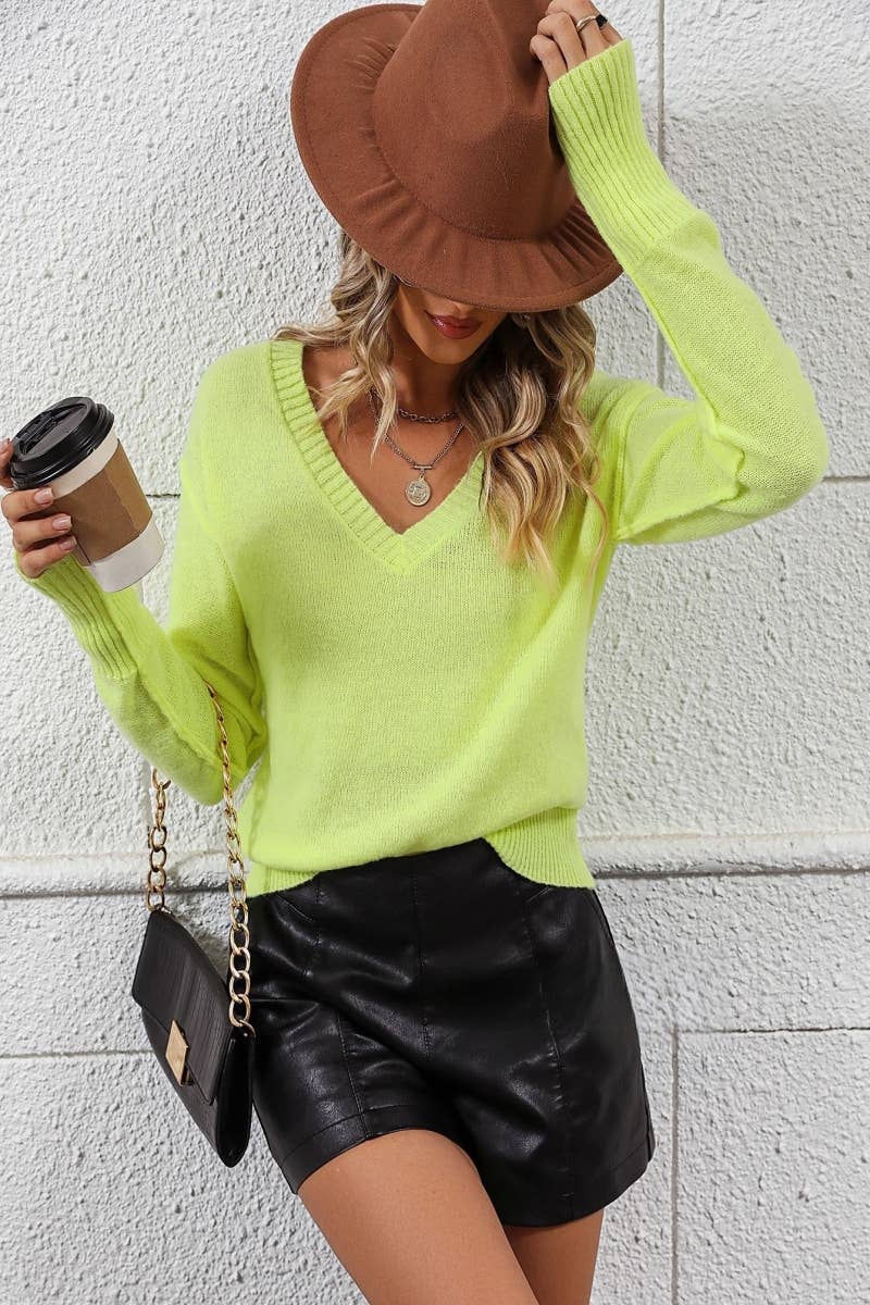 CWOSWL606  Long Sleeve Casual V-Neck Pullover Sweater