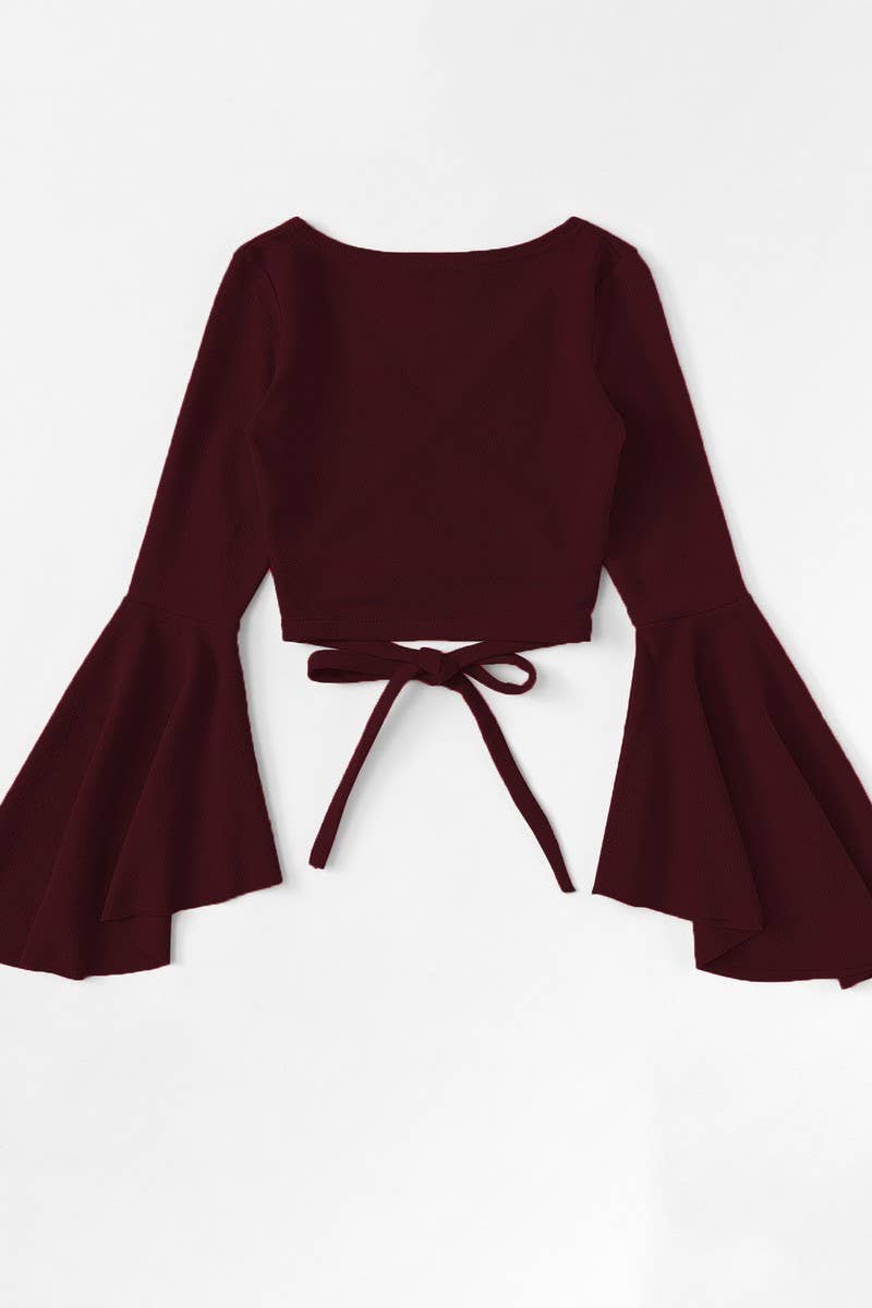 CWTBLL2732_BAT-SLEEVE SHORT BELLY-EXPOSING DARK RED TOP