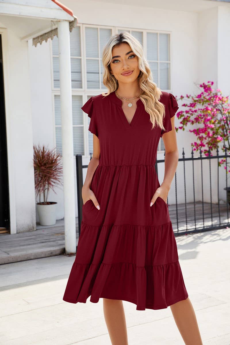 CWDMD2224_V-NECK RUFFLE SLEEVE SOLID COLOR CASUAL DRESS