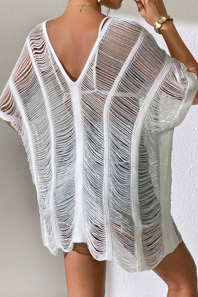 CWDHL1058_V-NECK HOLLOW SEXY BIKINI BEACH COVER-UP