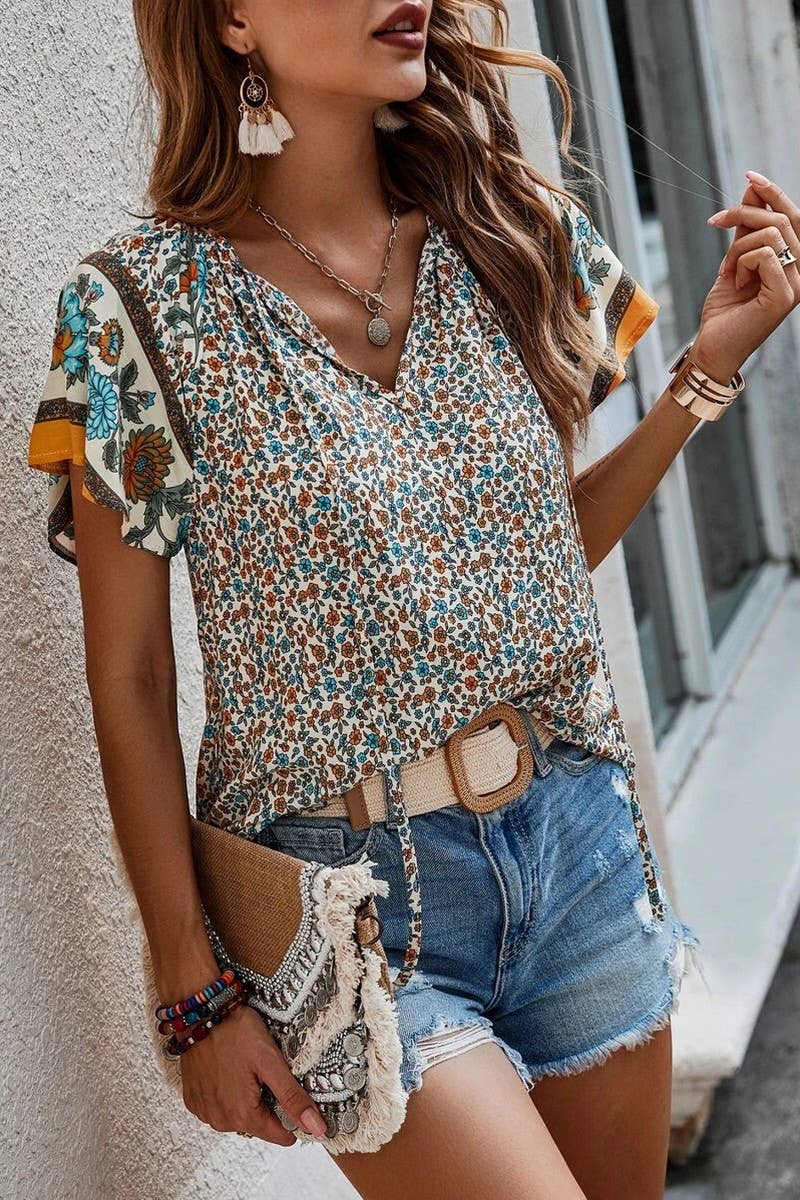 CWTSTS0660_SUMMER V-NECK SMALL FLORAL CASUAL LOOSE SHIRT