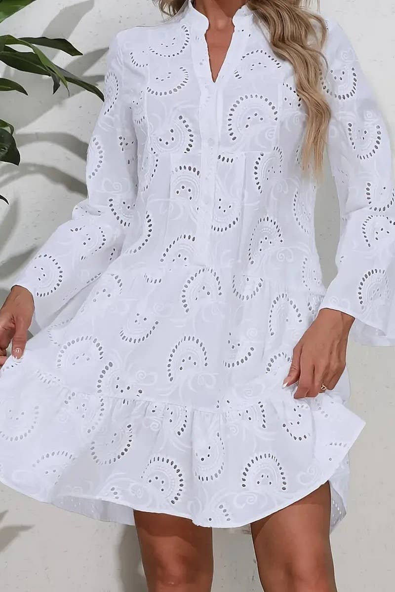 CWDSD8524_SOLID V-NECK EMBROIDERED LACE HOLLOW DRESS