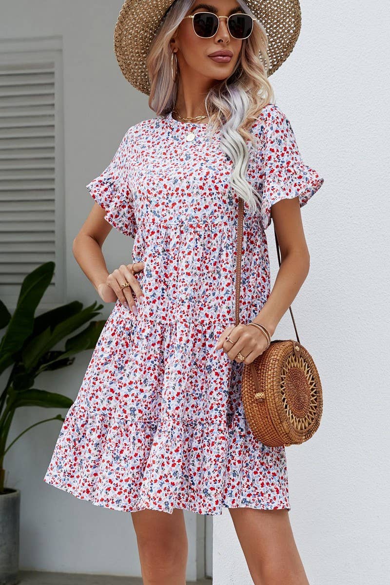 CWDSD2702_Round neck Print Short Sleeve Dress