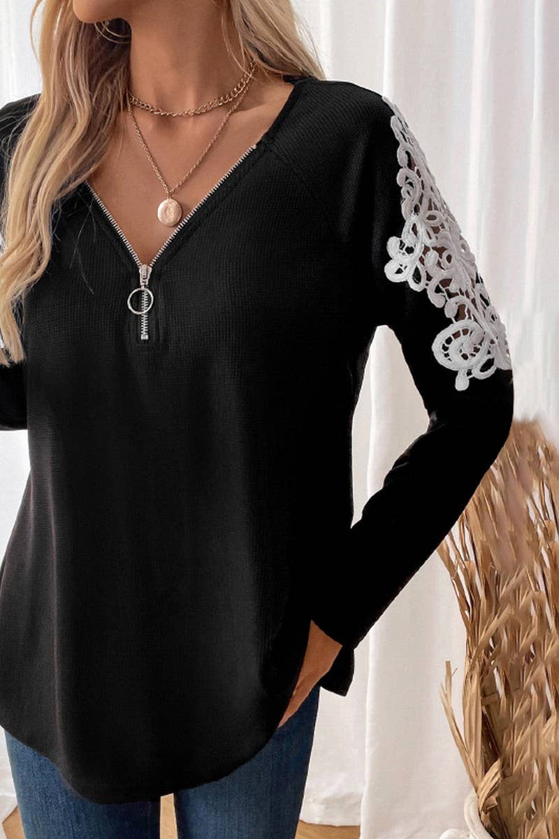 CWTBLL2034_V-NECK LACE PANEL LONG-SLEEVED T-SHIRT TOP