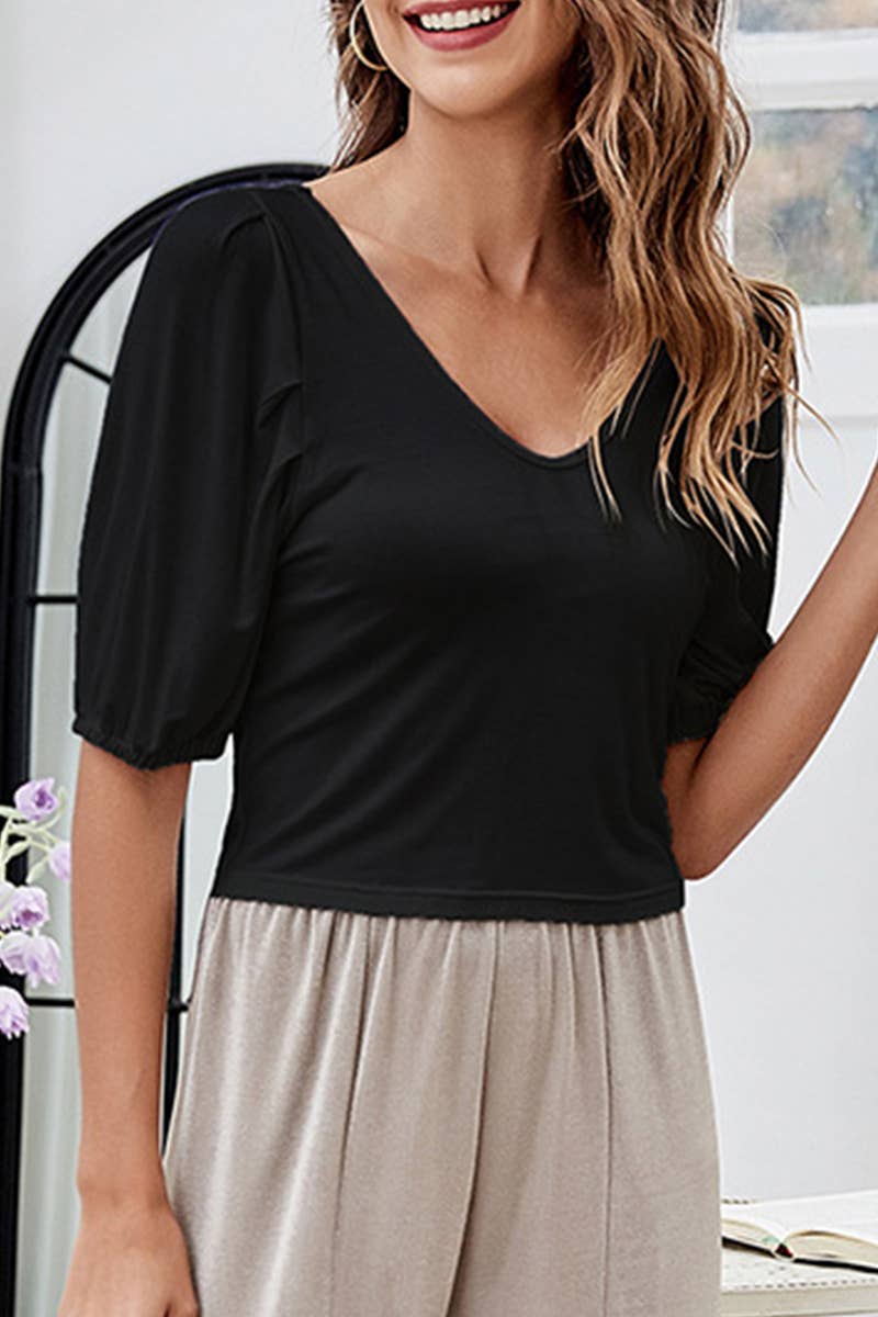 CWTTS1424_SUMMER V-NECK SEXY PUFF SLEEVE SLIM FIT TOP