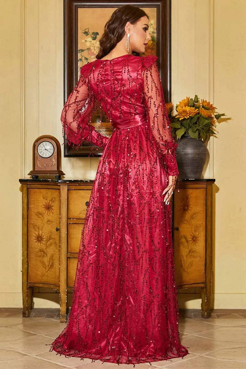 CWDMD5427_ELEGANT SEQUIN DEEP-V HALTER FORMAL MAXI DRESS
