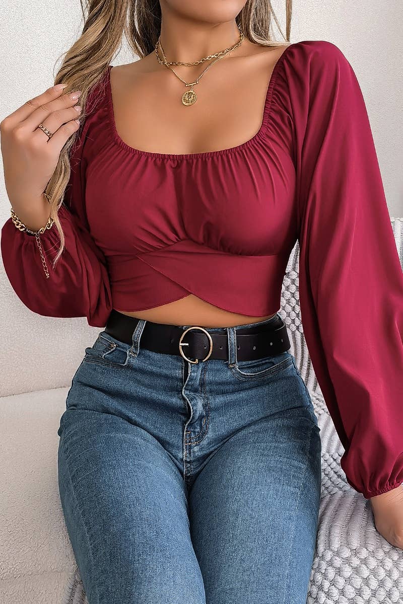 CWTBLL0940_SUMMER LANTERN SLEEVE CHIFFON WAIST CROP TOP