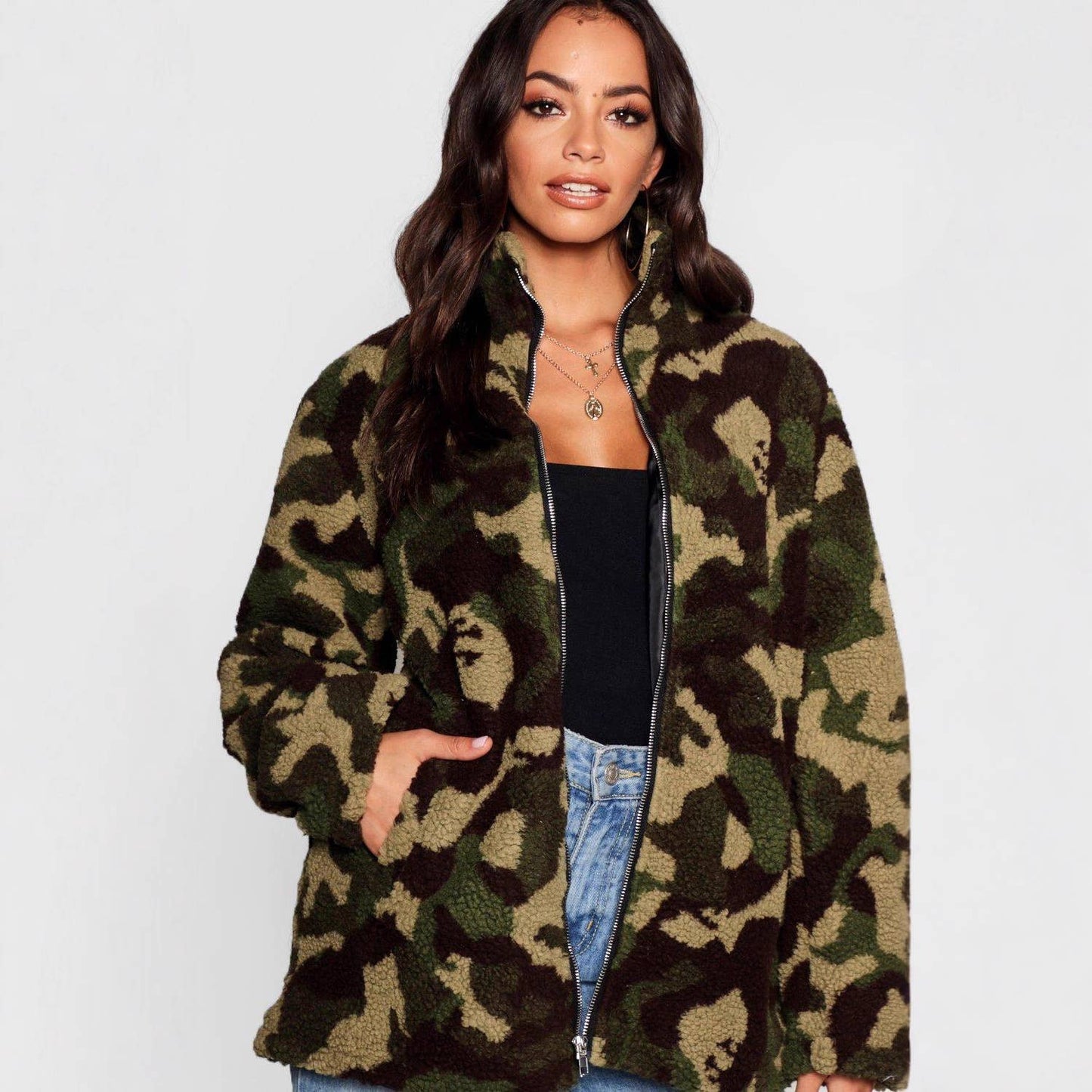 Camouflage fleece double-sided funnel neck coat