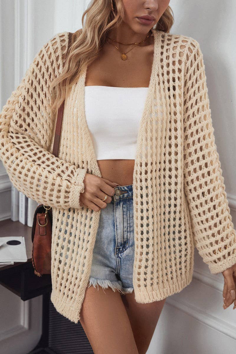 CWOCAL0838_SOLID COLOR HOLLOW LONG-SLEEVED KNITTED CARDIGAN