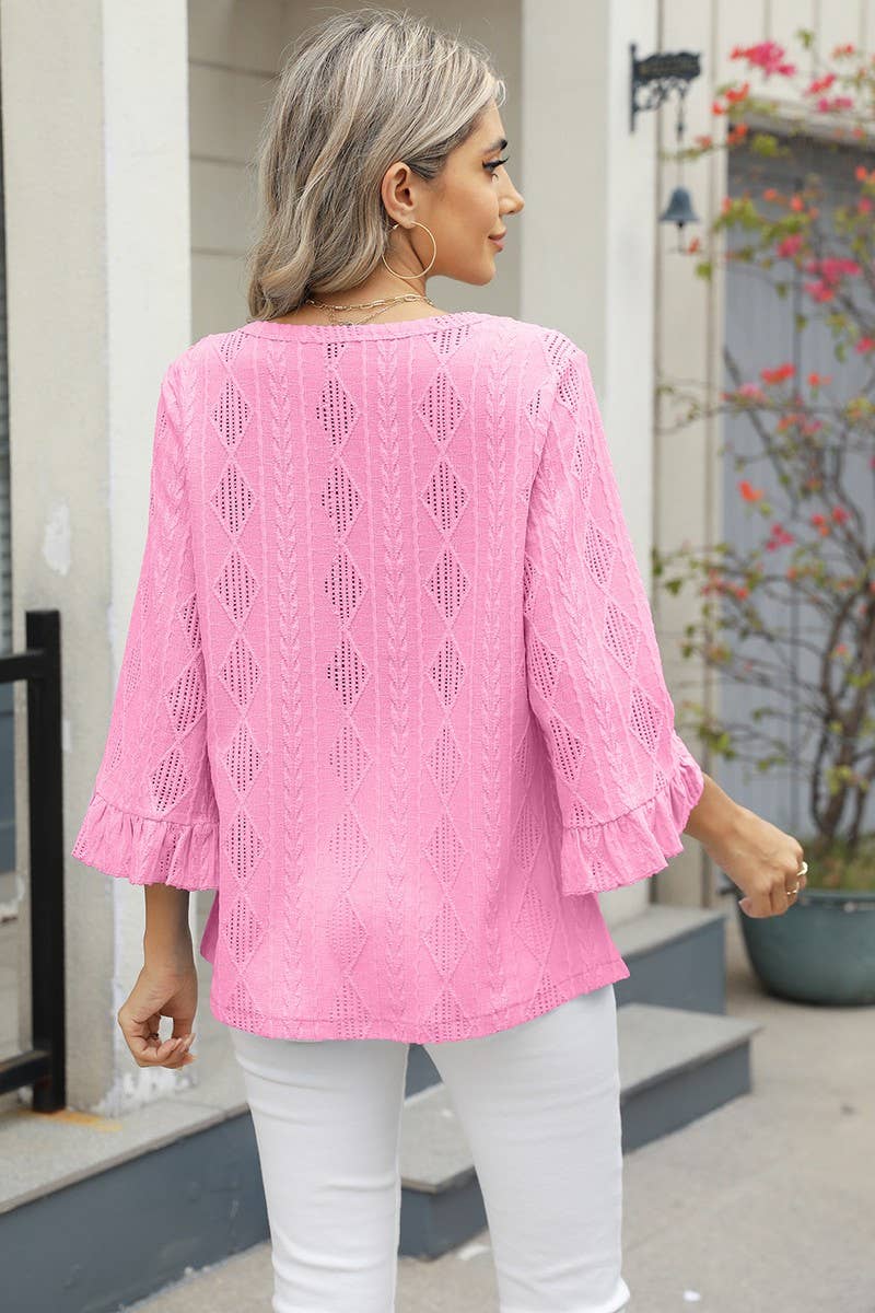 CWTBLL3672_V-NECK DIAMOND CHECK HOLLOW TRUMPET SLEEVE TOP