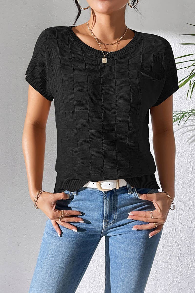 CWOSWS0086_SOLID COLOR LOOSE KNIT SHORT-SLEEVED TOP