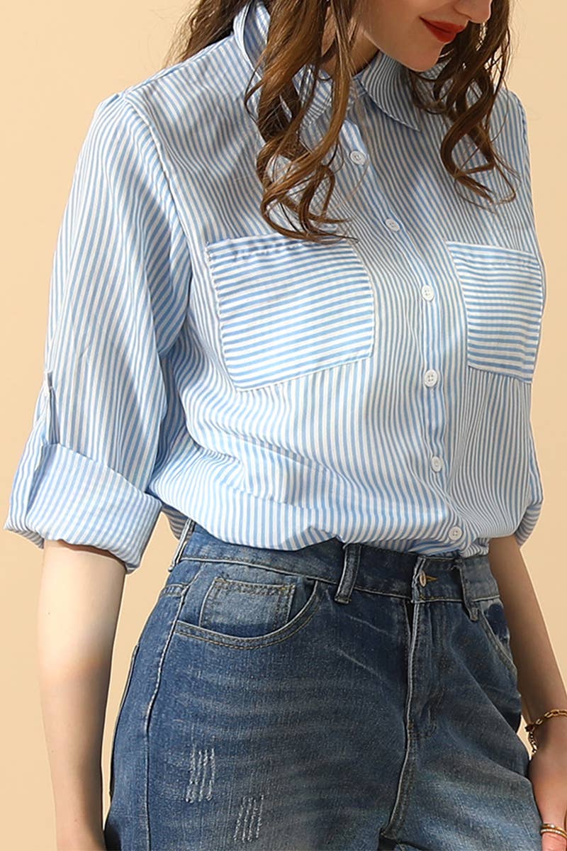 CWTSTL451_VERTICAL STRIPE BUTTON DOWN TWO POCKETS SHIRTS