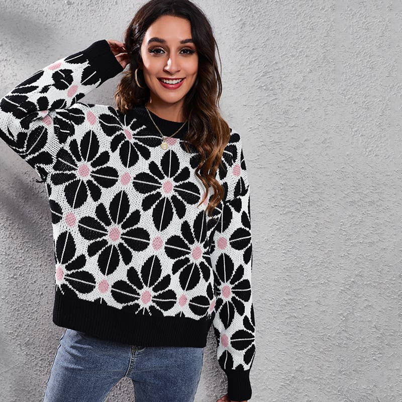 FLORAL DROP SHOULDER LONG-SLEEVED KNIT SWEATER