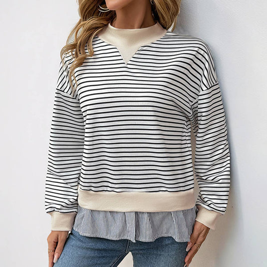 CREW-NECK STRIPED PATCHWORK FAKE TWO TOPS