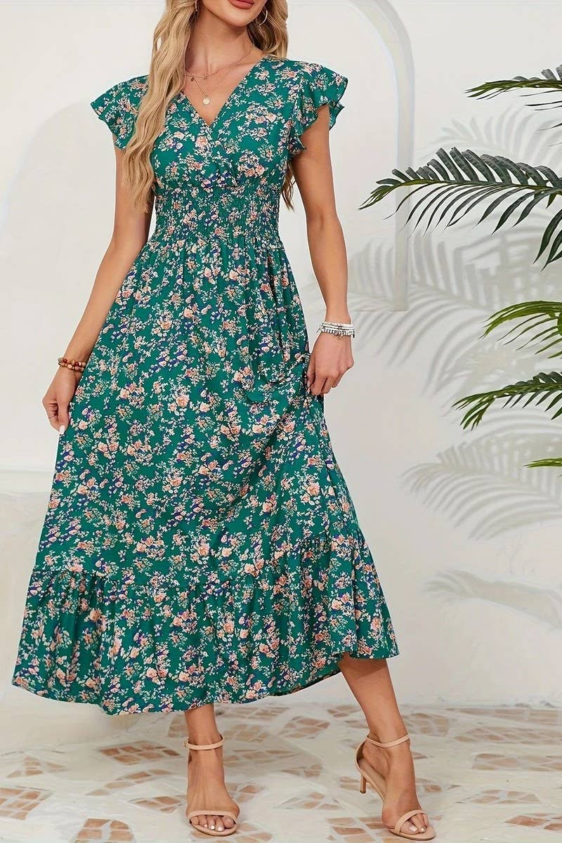 CWDMD6114_V-NECK FLORAL FRENCH STYLE SHORT SLEEVE DRESS