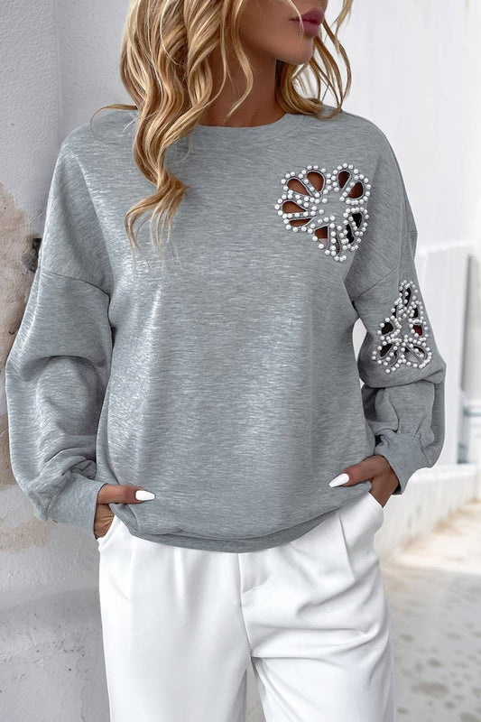 CWTBLL2319_BEADED ROUND NECK HOLLOW PULLOVER SWEATSHIRT