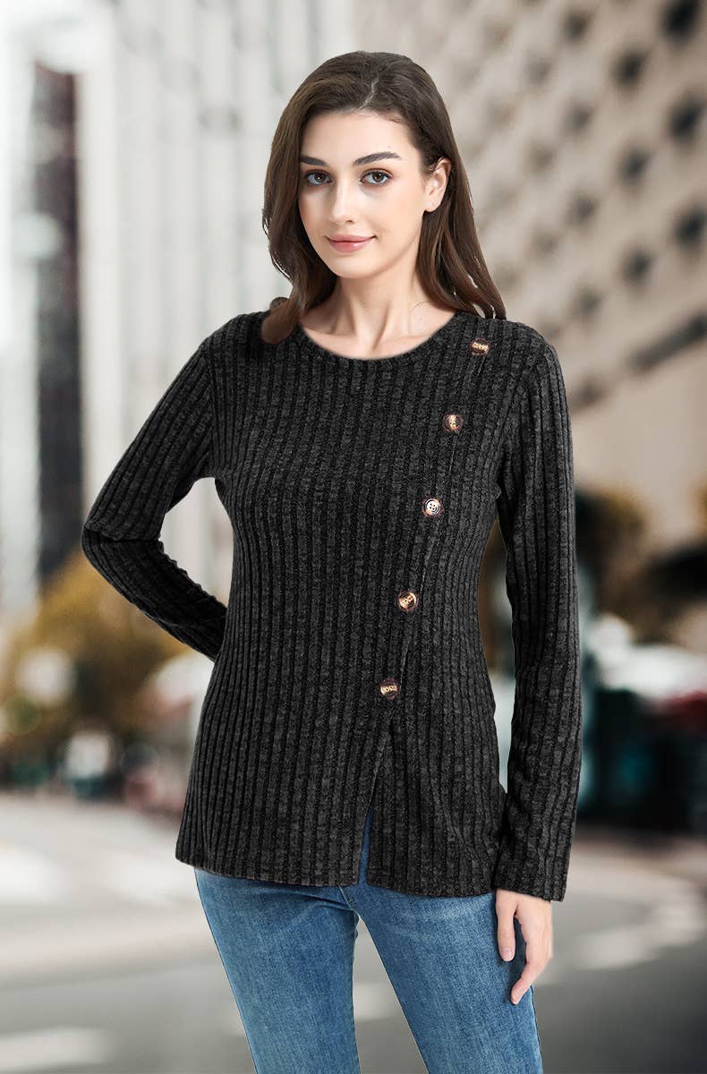 CREW-NECK SOLID COLOR PIT STRIPE BUTTON KNIT