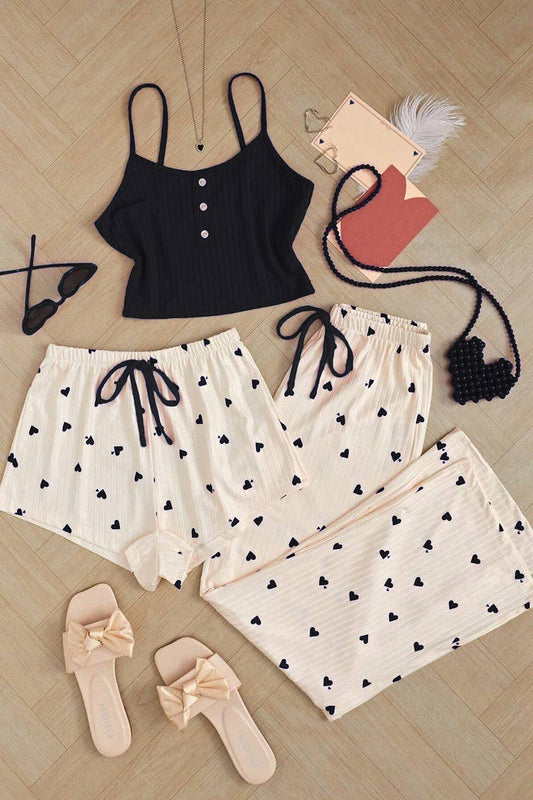 CWSPJ00476HEART PRINT RIBBED 3 PIECE CAMI PAJAMA SET