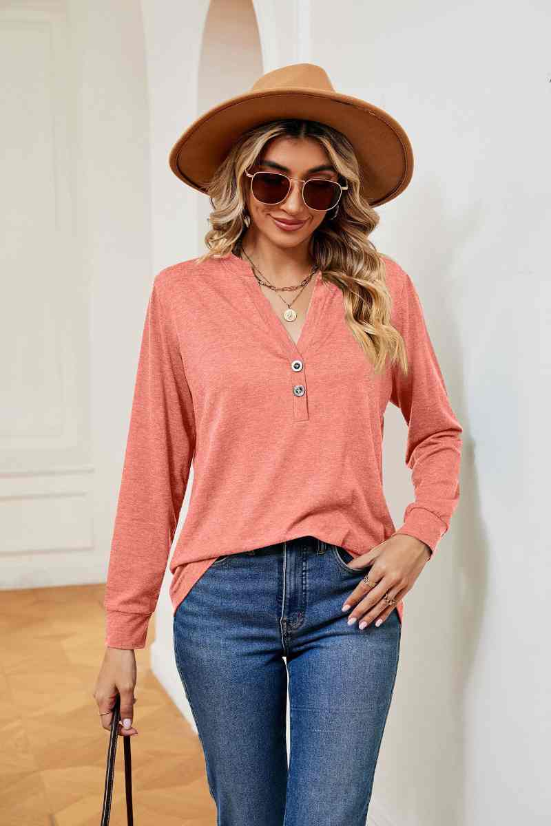 CWTBLL2834_V-NECK BUTTON-UP LONG-SLEEVED BAGGY TOP