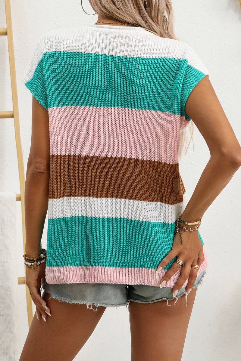 CWOSWS0141_COLORBLOCK U-NECK DOPAMINE KNIT TOP