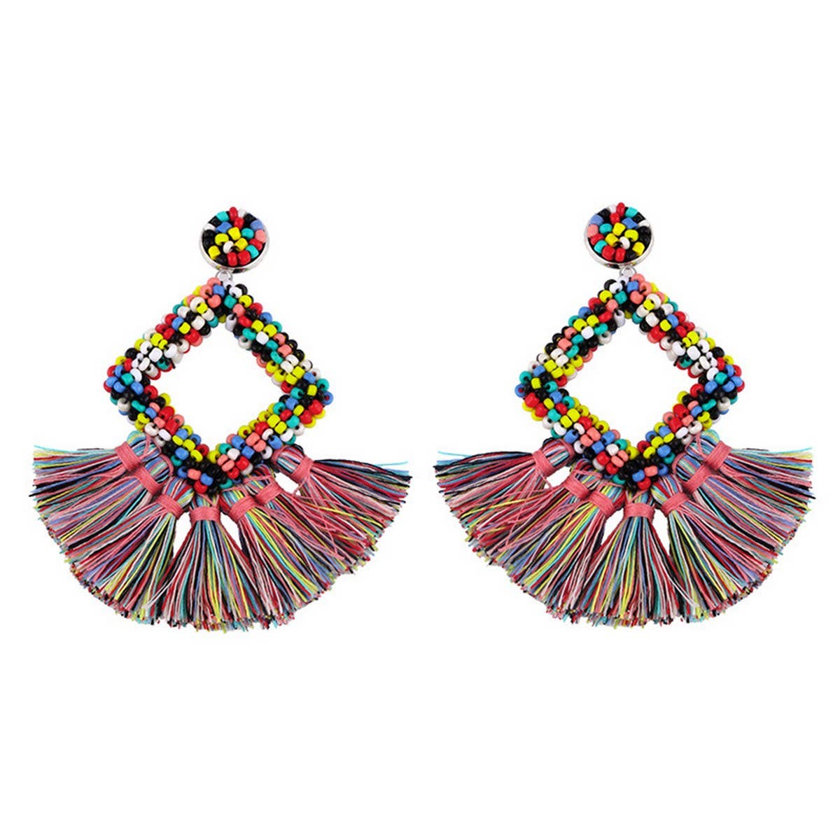 GEOMETRIC DIAMOND SHAPED RICE BEAD TASSEL EARRINGS