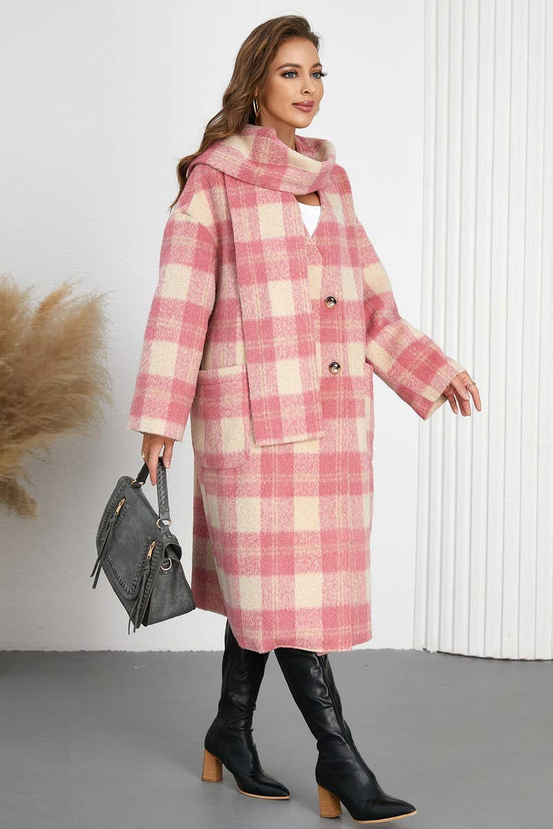 CWOCO0946_DOUBLE BREASTED PLAID V-NECK SCARF COAT