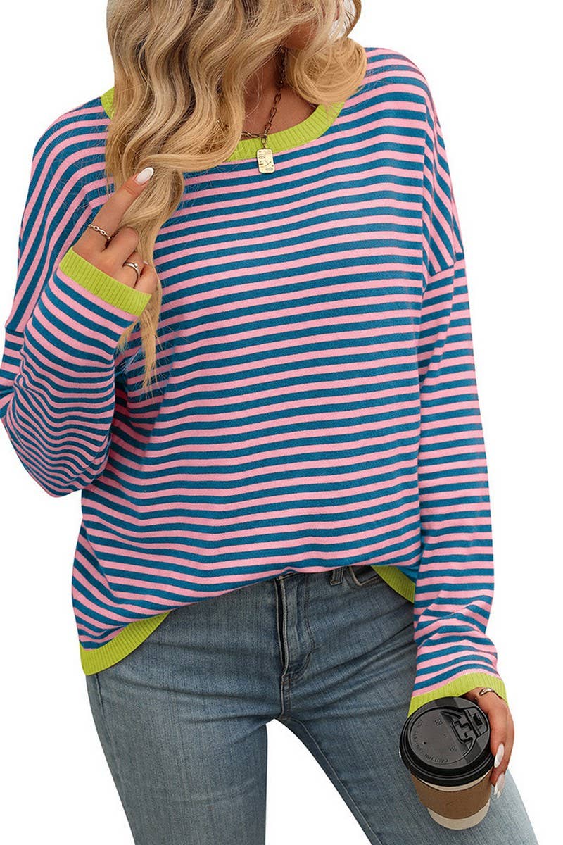 CWOSWL4272_ROUND NECK STRIPED CONTRAST COLOR CASUAL SWEATER