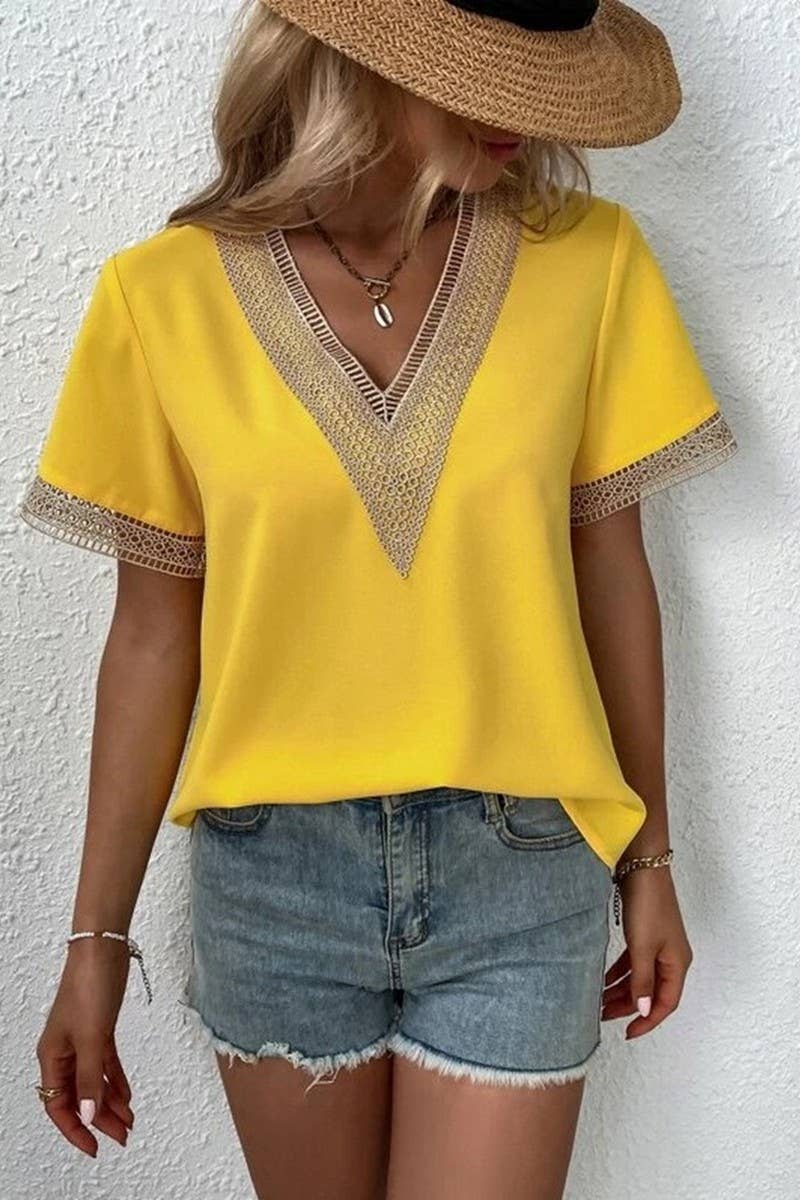 CWTBLS0826_V-NECK LACE CASUAL SOLID COLOR SHIRT