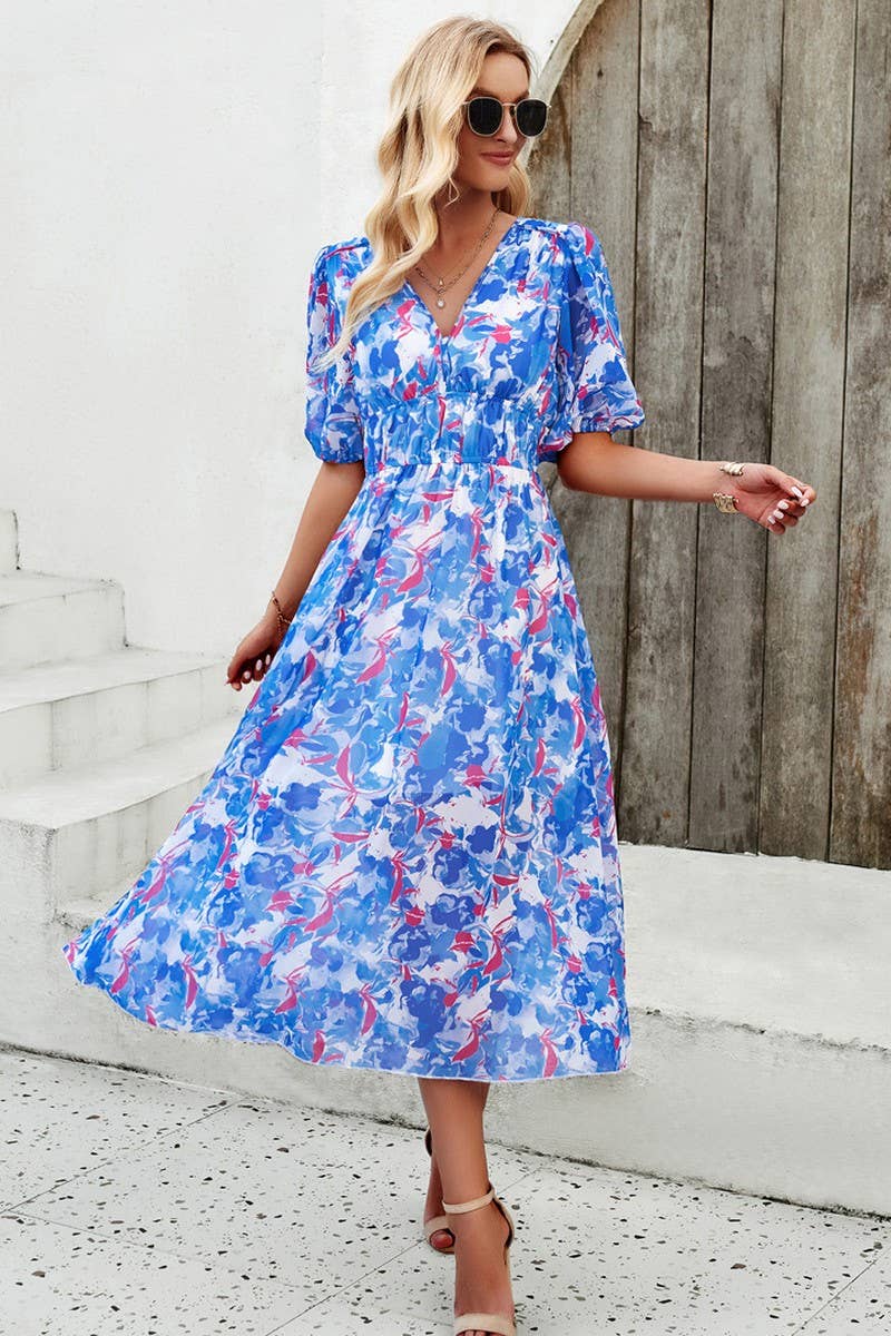 CWDMD0995_Deep V-Neck Short Sleeve Floral Print Midi Dresses