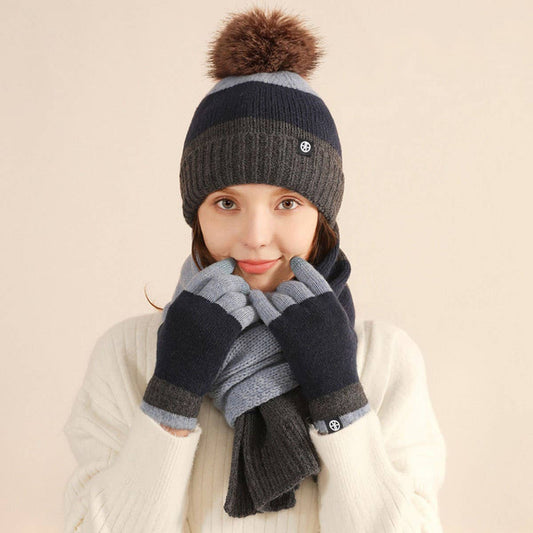 WINTER KNITTED CONTRAST POM POM THREE PIECE SUIT