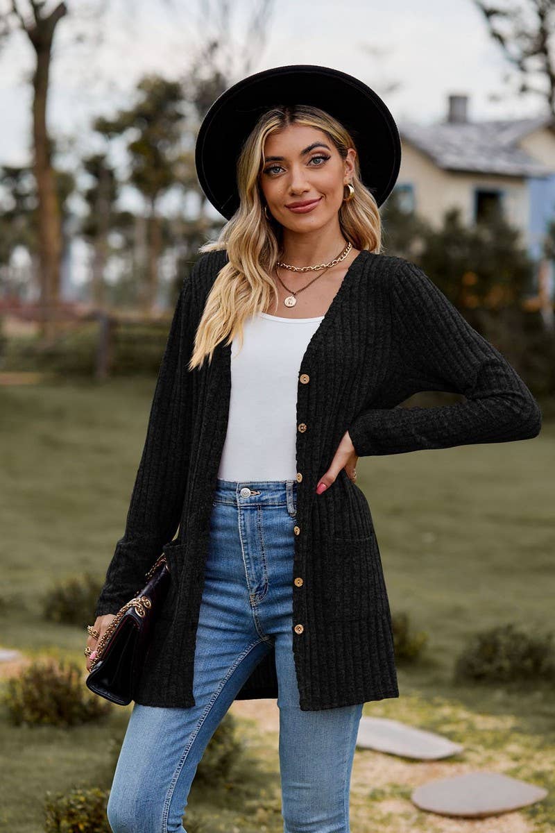 CWOCAL2286_BUTTON-UP BRUSHED RIBBED LONG SLEEVE CARDIGAN