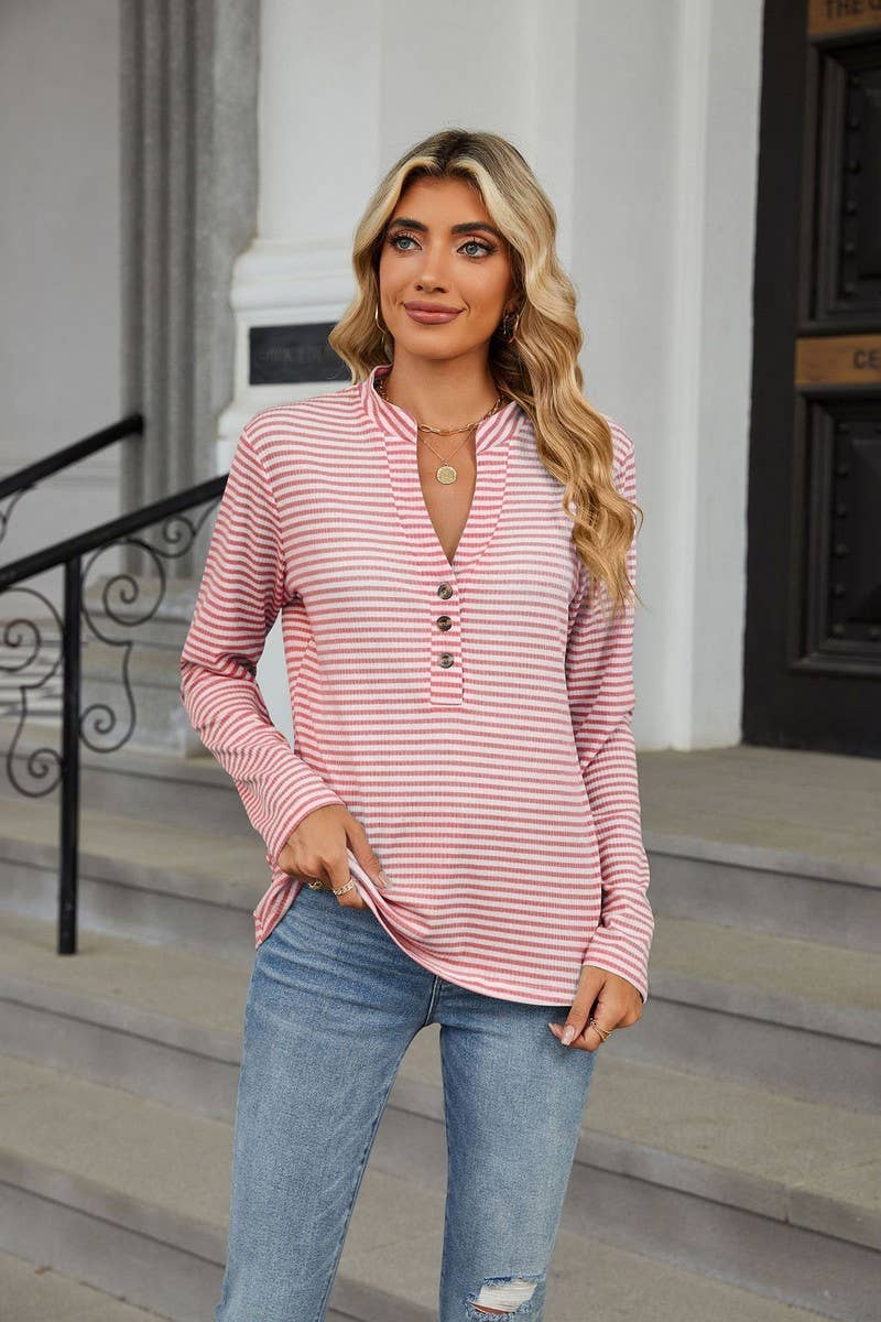 CWTBLL2356_V-NECK BUTTON-DOWN STRIPED CASUAL T-SHIRT TOP