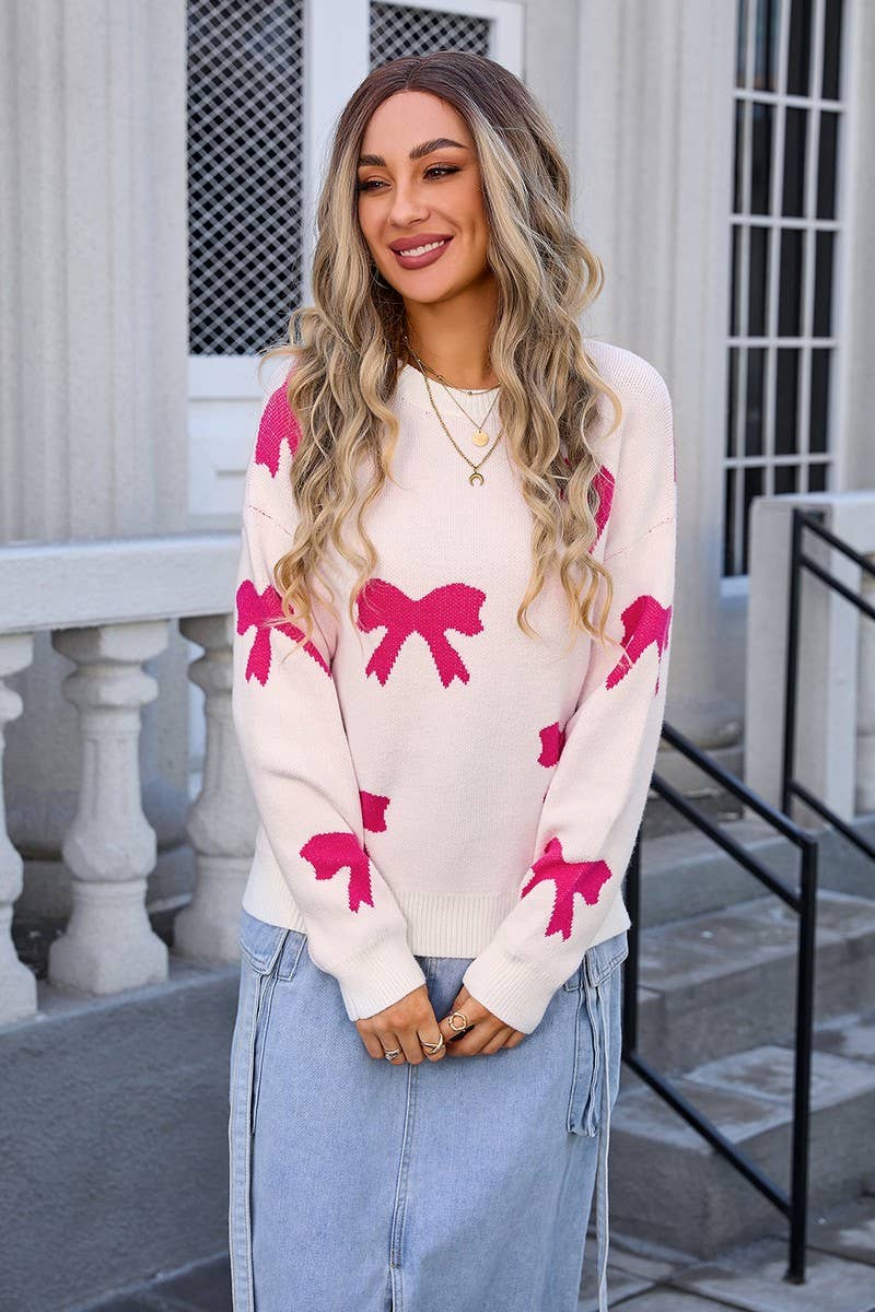 CWOSWL3097_BOW PRINT KNITTED LONG-SLEEVED SWEATER