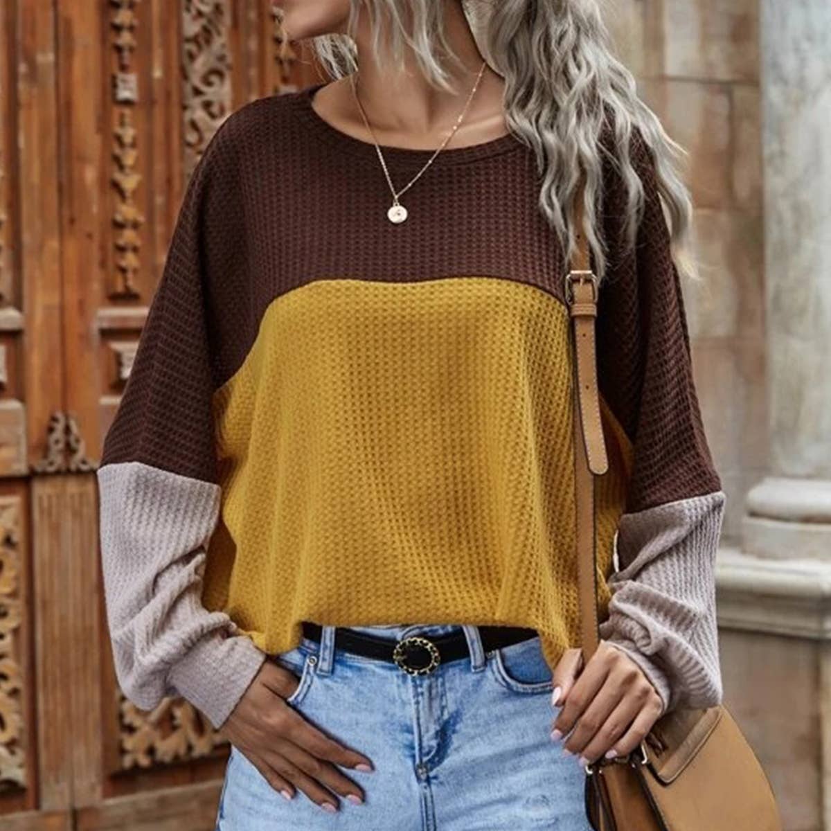 COLOR CONTRAST PATCHWORK LONG-SLEEVED CASUAL TOP