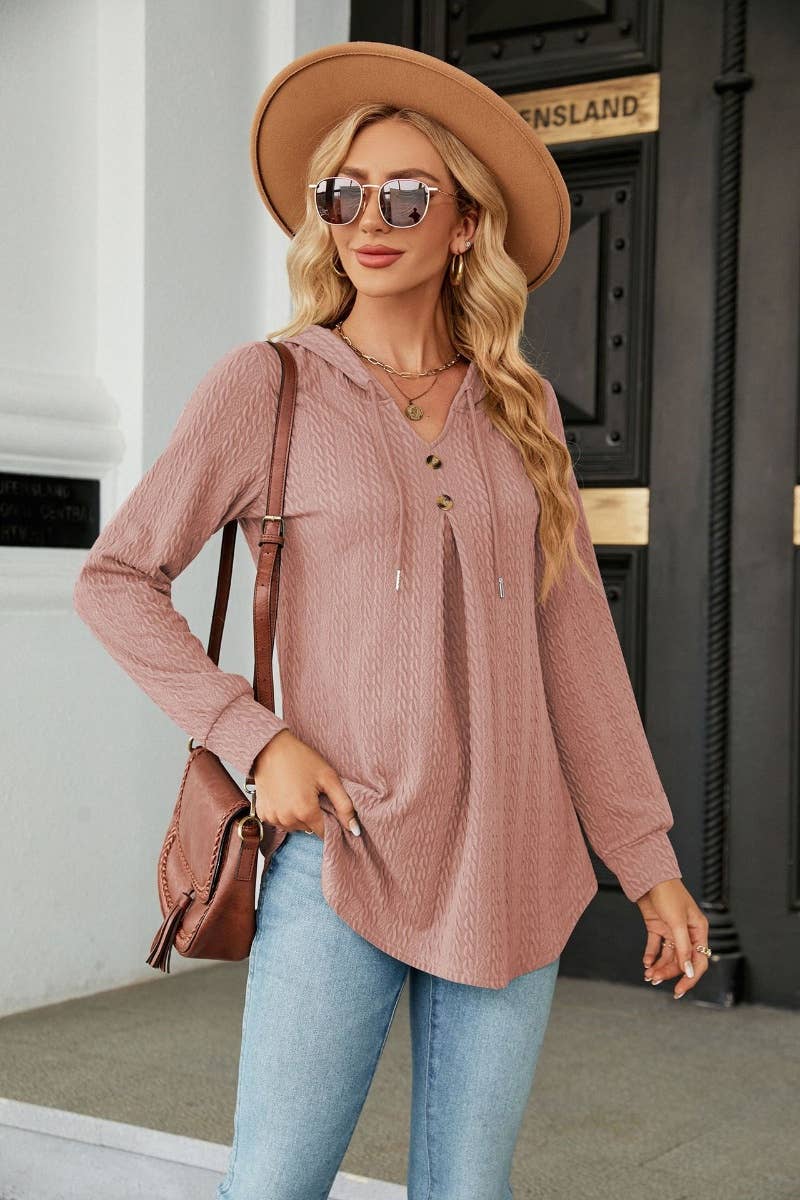 CWTBLL2794_FALL V-NECK HOODED LONG-SLEEVED KNIT TOP