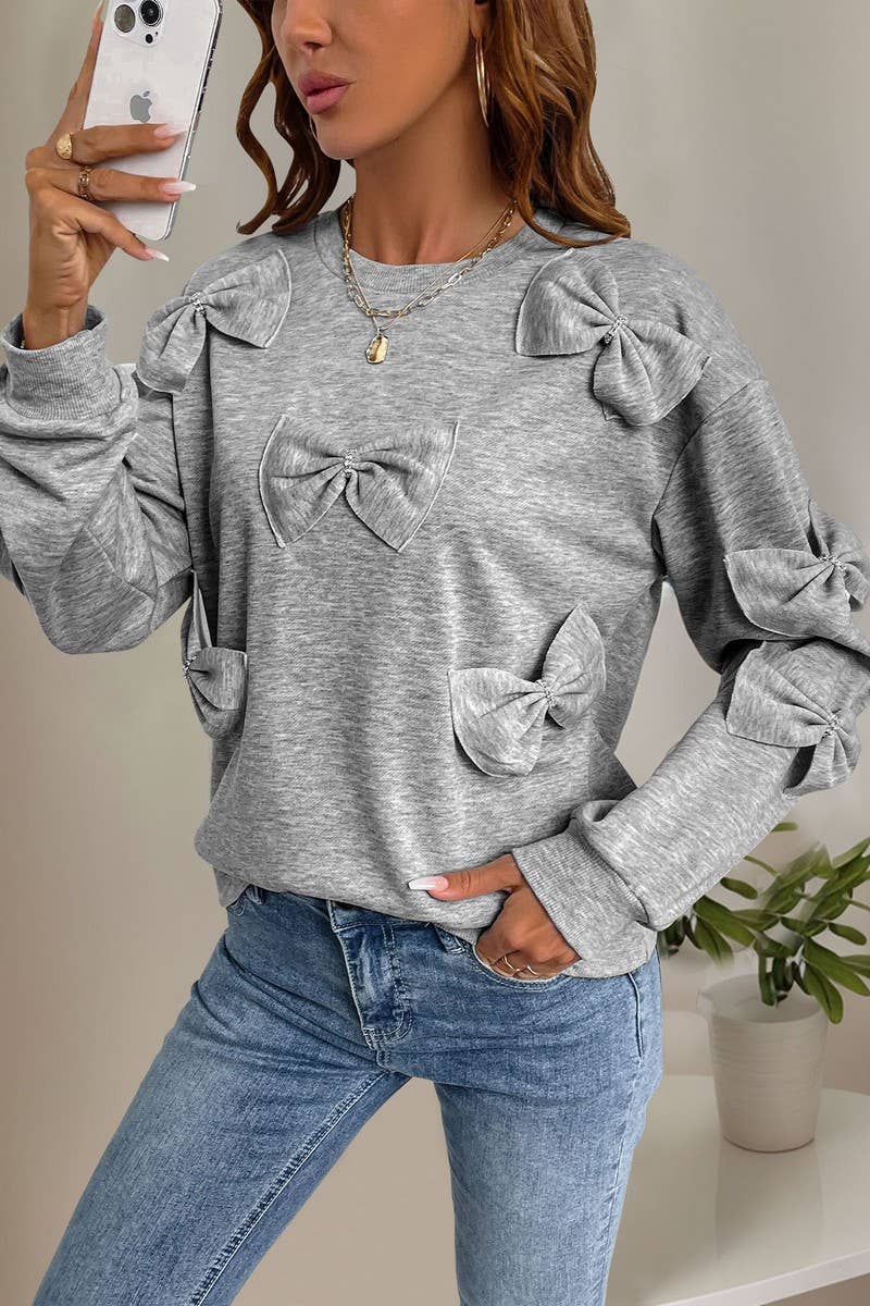 CWTBLL2465_ROUND NECK LONG SLEEVE 3D BOW SWEATSHIRT
