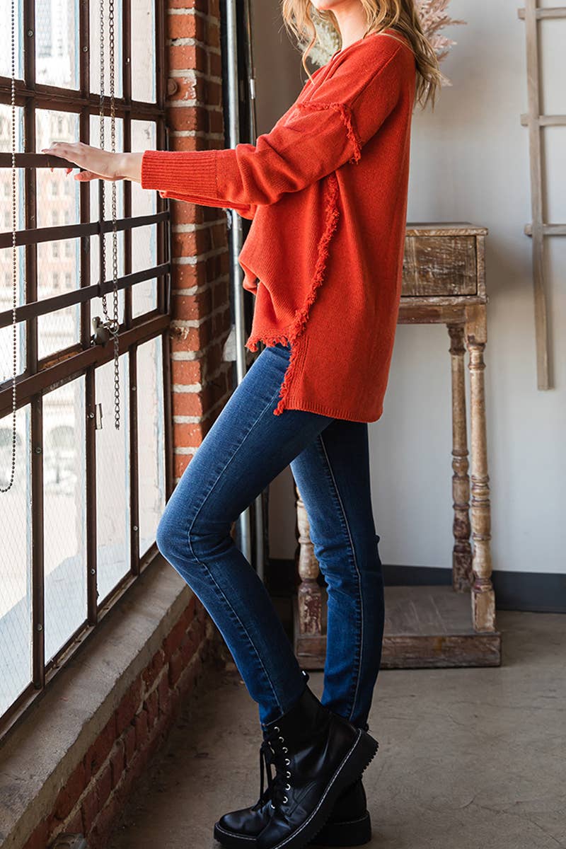 CWOSWL646_BUTTON DOWN FRINGE SHOULDER SWEATER KNIT TOP