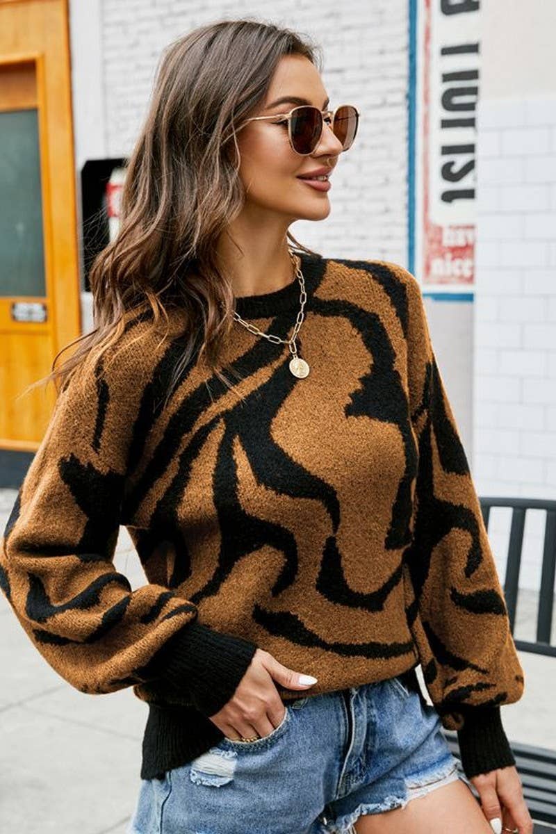 CWOSWL2702_CONTRAST ZEBRA PRINT PUFF SLEEVE LOOSE KNIT TOP