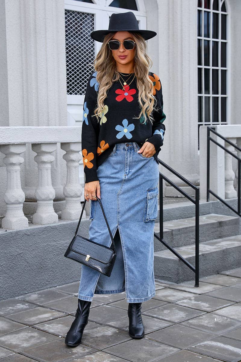 CWOSWL3103_CREW NECK FLORAL PULLOVER SWEATER