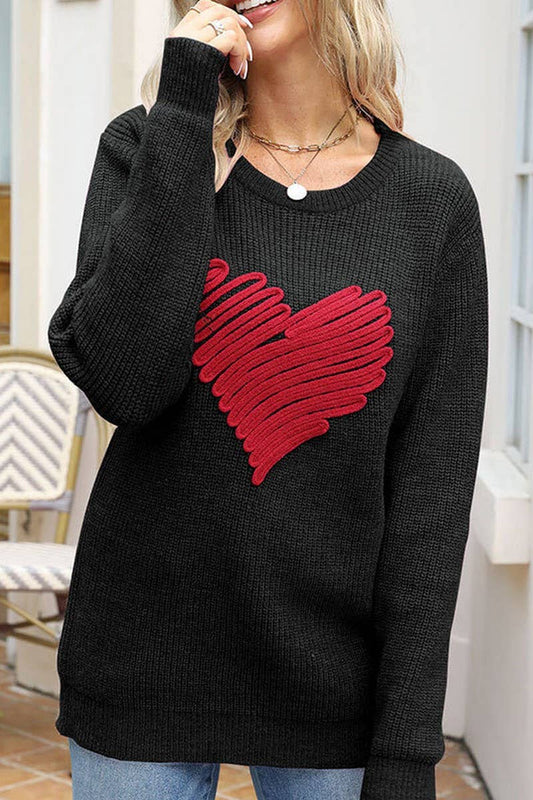 CWOSWL5811_HEART EMBROIDERED LOOSE CREW NECK SWEATER