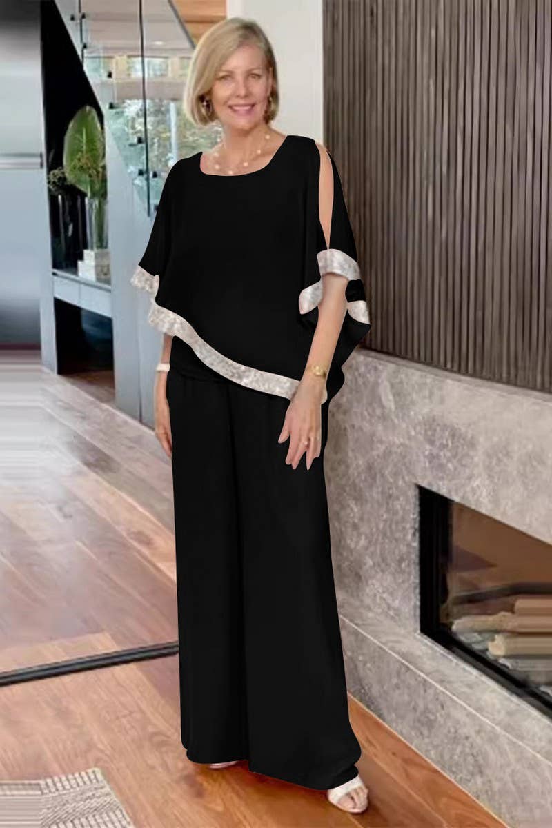 CWSTB1401_ROUND NECK SEQUIN TOP WIDE LEG PANTS SET