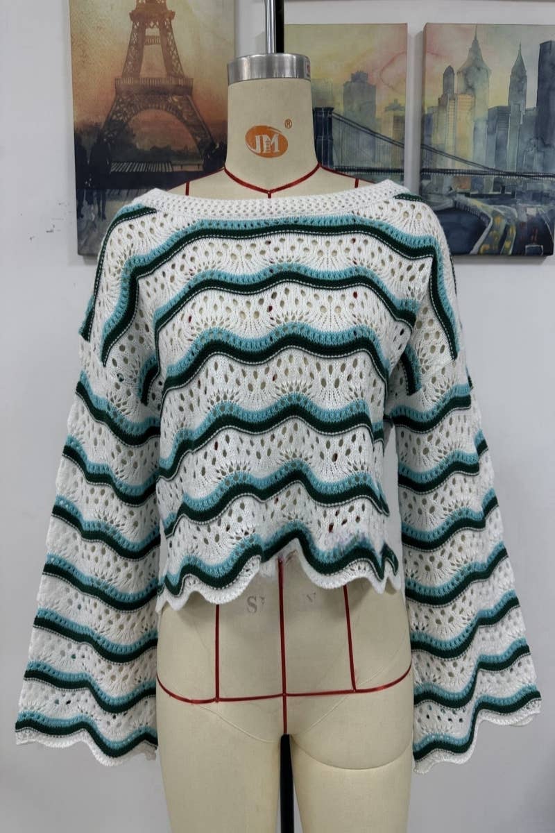 CWOSWL603 Flare Sleeved Round neck Hollowed Out Sweater