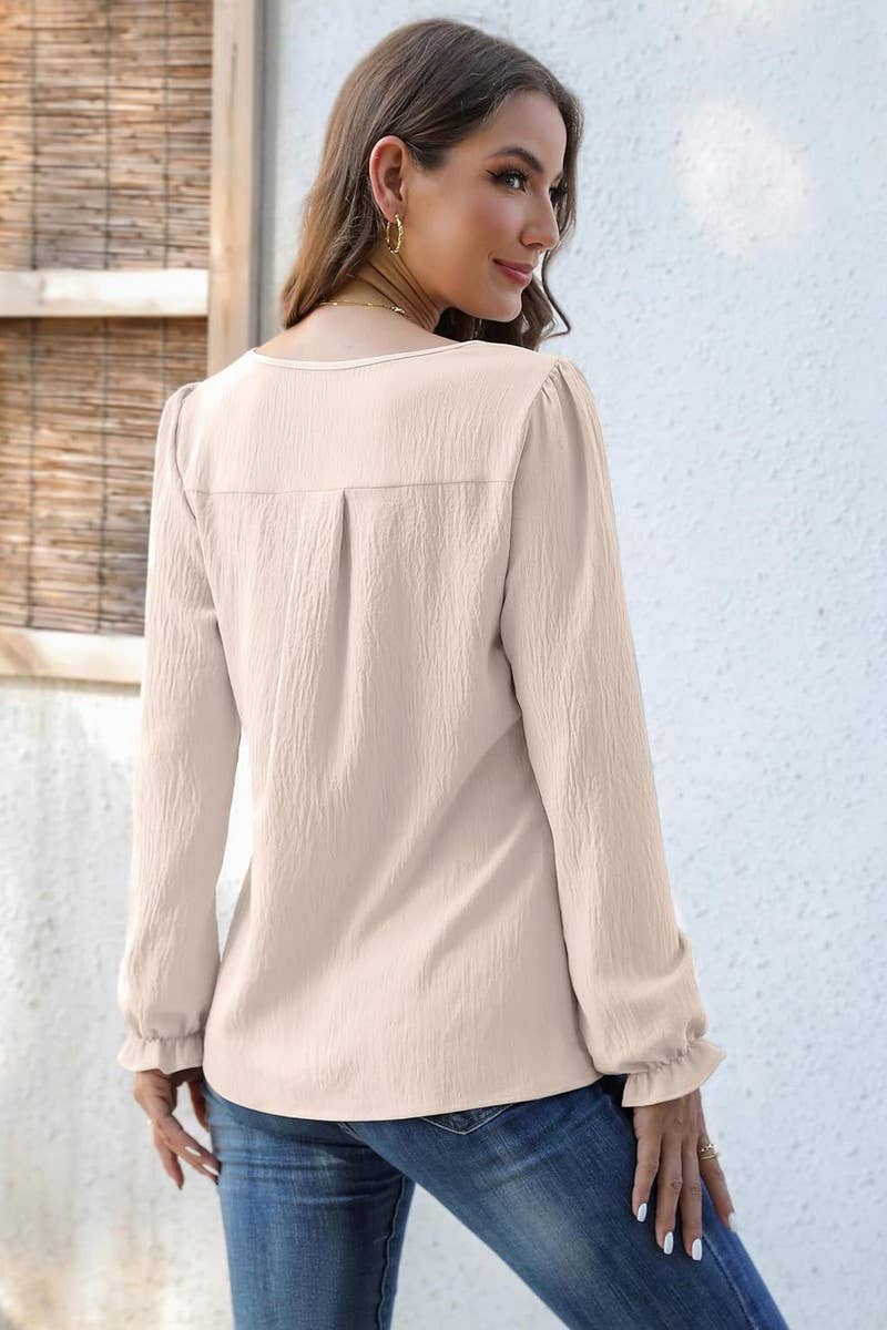 CWTBLL4004_SOLID V-NECK LONG SLEEVE PLEATED CHIFFON BLOUSE