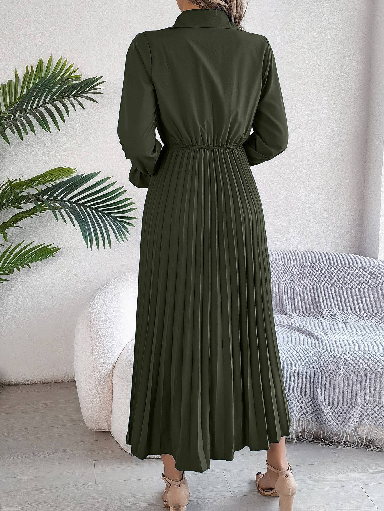 CASUAL LAPEL BUTTON WAIST PLEATED LONG DRESS